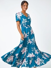 Roman Blue Floral Print Shirred Waist Maxi Dress - Image 1 of 5