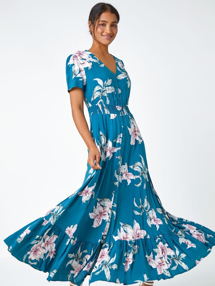 Roman Blue Floral Print Shirred Waist Maxi Dress - Image 1 of 5