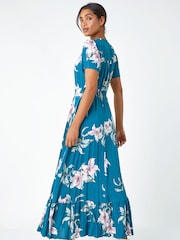 Roman Blue Floral Print Shirred Waist Maxi Dress - Image 2 of 5