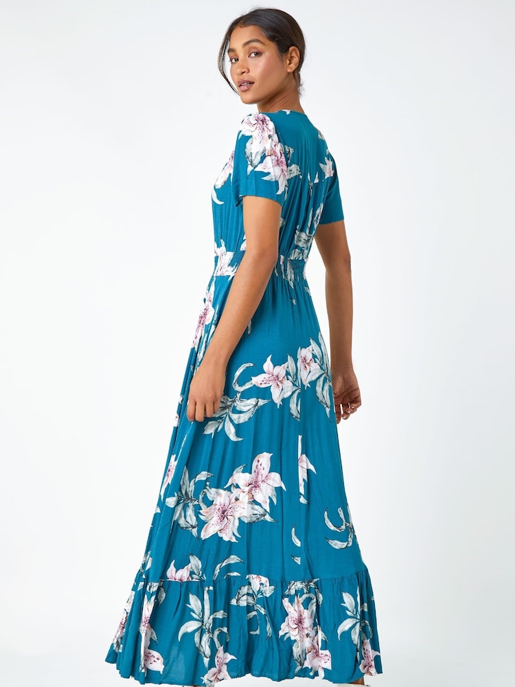 Roman Blue Floral Print Shirred Waist Maxi Dress - Image 2 of 5