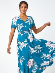 Roman Blue Floral Print Shirred Waist Maxi Dress - Image 3 of 5