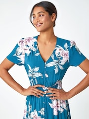 Roman Blue Floral Print Shirred Waist Maxi Dress - Image 4 of 5