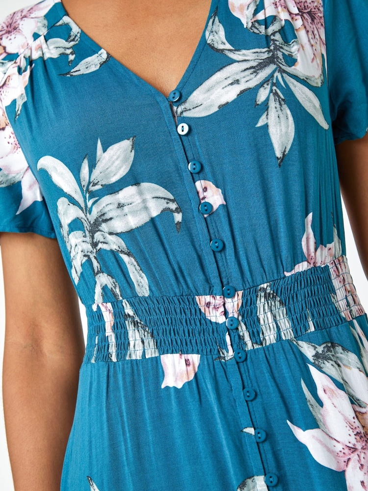 Roman Blue Floral Print Shirred Waist Maxi Dress - Image 5 of 5
