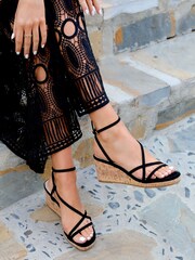 Linzi Black Aminah Strappy Wedge Sandal With Wrap Around Ankle Strap - Image 1 of 4