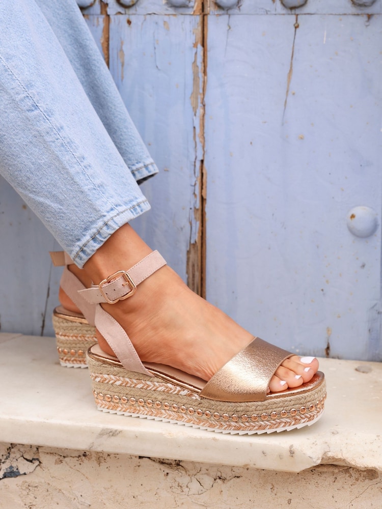 Linzi Gold Disco Espadrille Inspired Wedges With Trim Detail - Image 1 of 6