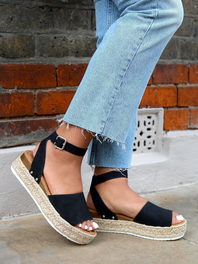Linzi Black Luna Nubuck Two Part Espadrille Inspired Platform Wedges - Image 1 of 4 Linzi Black Luna Nubuck Two Part Espadrille Inspired Platform Wedges - Image 1 of 4