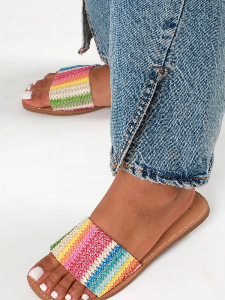 Linzi Pink Dubai Flat Slider Sandals With Rainbow Front Strap - Image 2 of 5 Linzi Pink Dubai Flat Slider Sandals With Rainbow Front Strap - Image 2 of 5