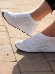 Linzi White Ambitious Sock Trainers With All Over Diamante DetailRubber Sole - Image 1 of 4