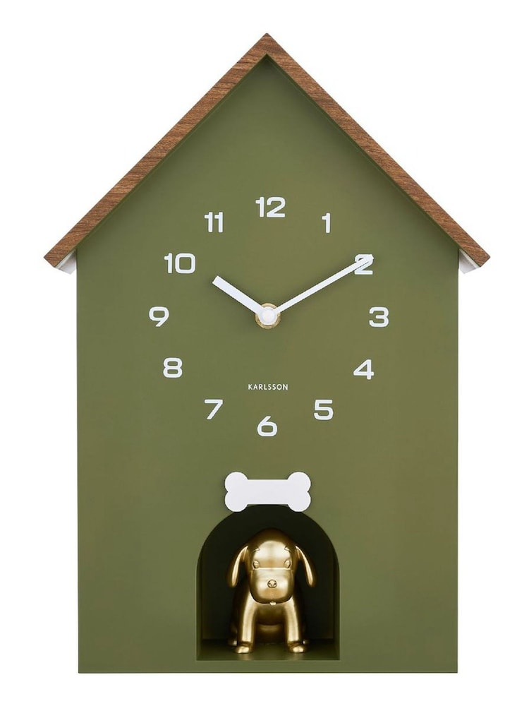 Karlsson Luxury Green Dog House W. Wooden Roof Wall Clock - Image 1 of 4 Karlsson Luxury Green Dog House W. Wooden Roof Wall Clock - Image 1 of 4