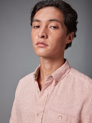 Pink Standard Collar Linen Blend Short Sleeve Shirt - Image 1 of 9
