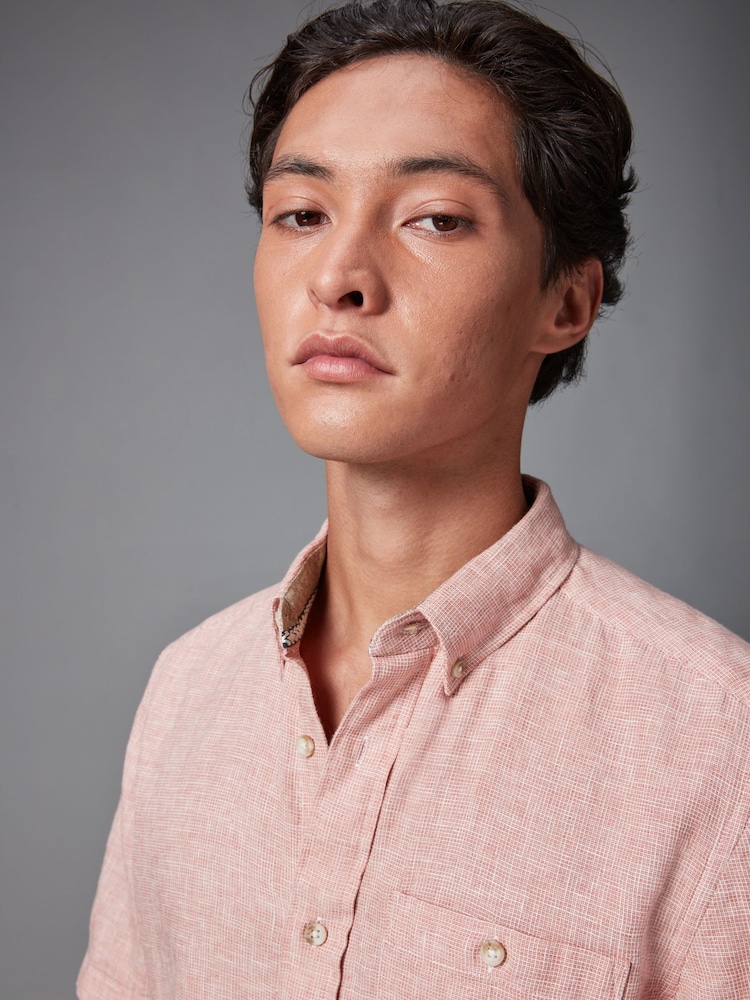 Pink Standard Collar Linen Blend Short Sleeve Shirt - Image 1 of 9