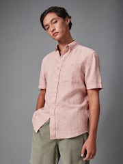Pink Standard Collar Linen Blend Short Sleeve Shirt - Image 3 of 9