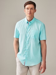 Light Blue 100% Cotton Linen Blend Printed Short Sleeve Oxford Shirt - Image 1 of 7
