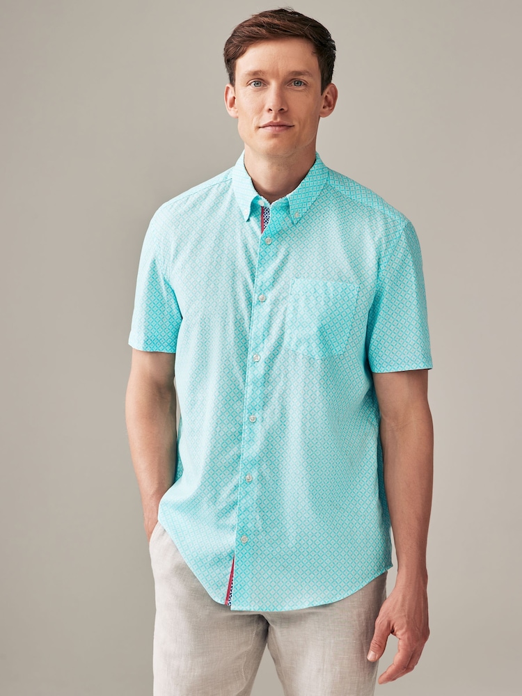 Light Blue 100% Cotton Linen Blend Printed Short Sleeve Oxford Shirt - Image 1 of 7