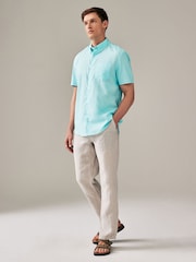 Light Blue 100% Cotton Linen Blend Printed Short Sleeve Oxford Shirt - Image 2 of 7