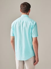 Light Blue 100% Cotton Linen Blend Printed Short Sleeve Oxford Shirt - Image 3 of 7