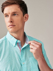Light Blue 100% Cotton Linen Blend Printed Short Sleeve Oxford Shirt - Image 4 of 7