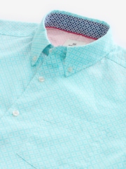 Light Blue 100% Cotton Linen Blend Printed Short Sleeve Oxford Shirt - Image 6 of 7