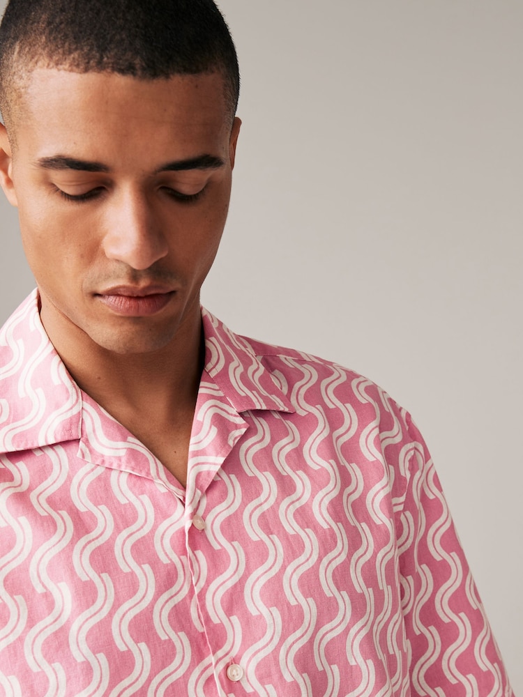 Pink Linen Blend Printed Short Sleeve Shirt - Image 1 of 8