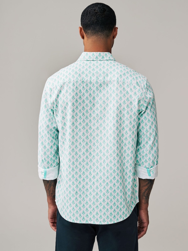 White Linen Blend Printed Roll Sleeve Shirt - Image 2 of 7