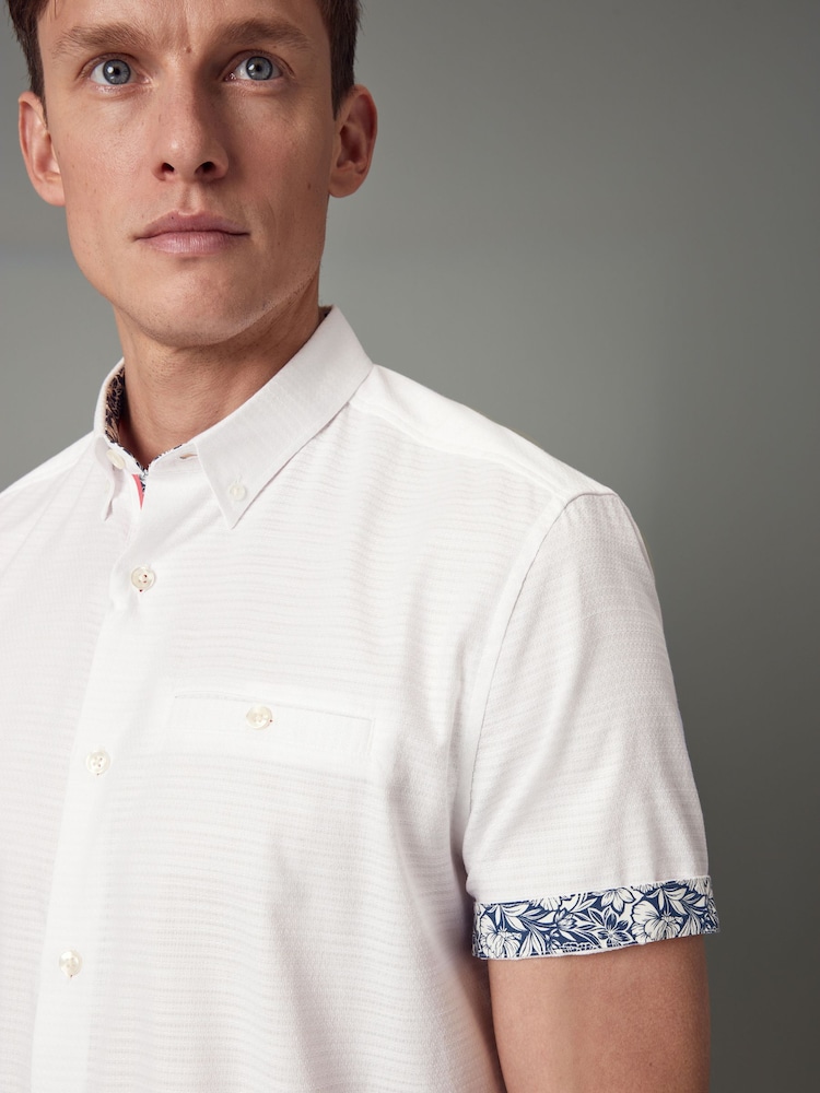 White 100% Cotton Textured Trimmed Short Sleeve Shirt - Image 1 of 9
