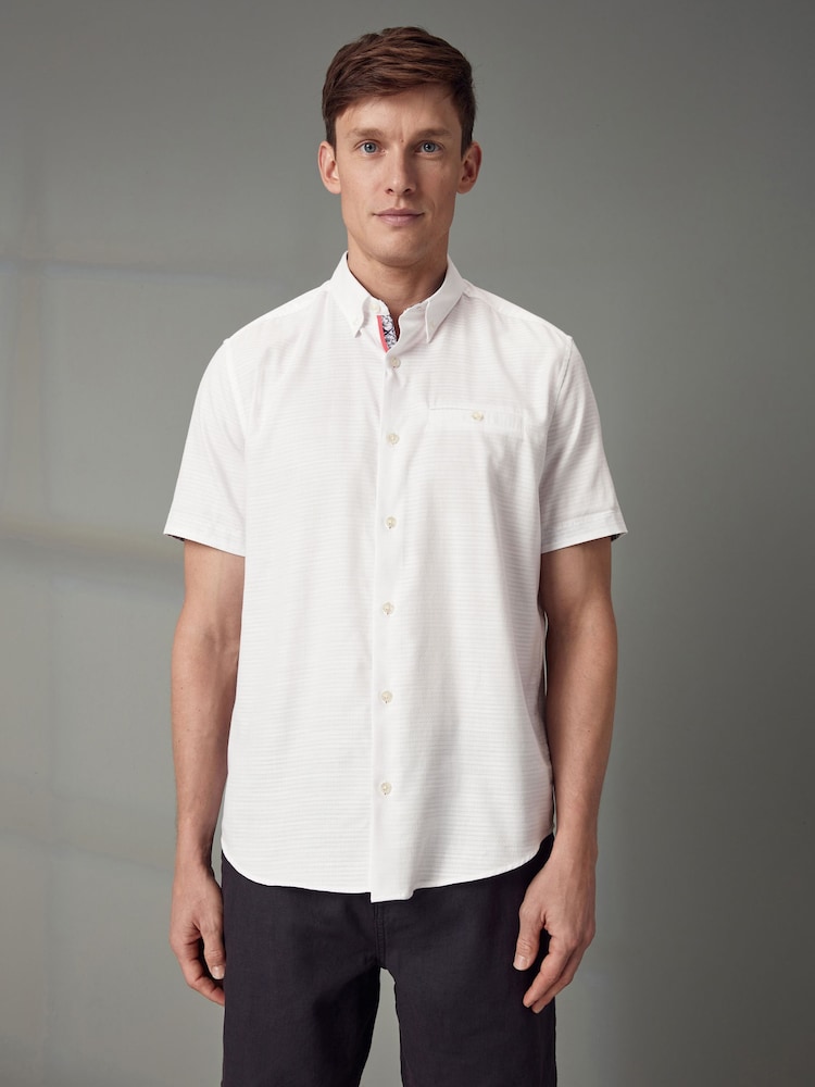 White 100% Cotton Textured Trimmed Short Sleeve Shirt - Image 2 of 9