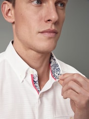 White 100% Cotton Textured Trimmed Short Sleeve Shirt - Image 4 of 9