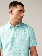 Green Linen Blend Printed Short Sleeve Shirt - Image 1 of 8