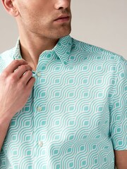 Green Linen Blend Printed Short Sleeve Shirt - Image 5 of 8