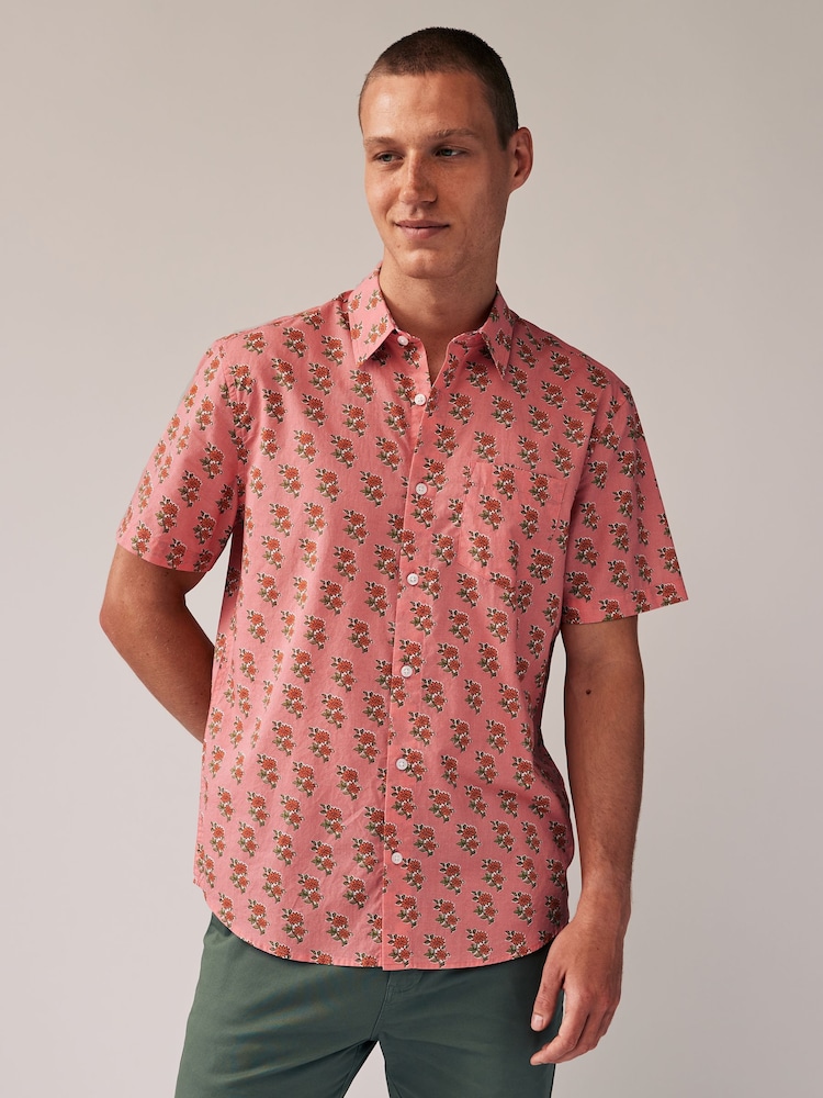 Pink 100% Cotton Floral Print Short Sleeve 100% Cotton Shirt - Image 1 of 7