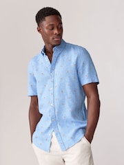Blue Linen Blend Printed Short Sleeve Shirt - Image 1 of 7