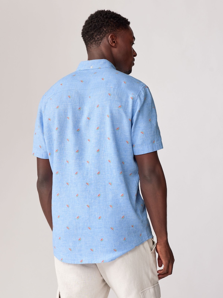 Blue Linen Blend Printed Short Sleeve Shirt - Image 2 of 7