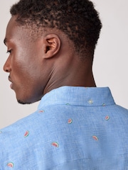 Blue Linen Blend Printed Short Sleeve Shirt - Image 4 of 7