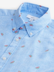 Blue Linen Blend Printed Short Sleeve Shirt - Image 7 of 7