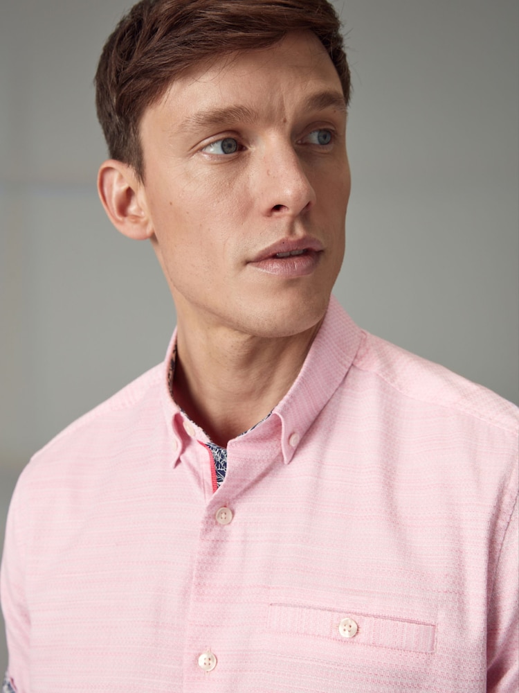 Pink Textured Trimmed Short Sleeve Shirt - Image 1 of 11 Pink Textured Trimmed Short Sleeve Shirt - Image 1 of 11