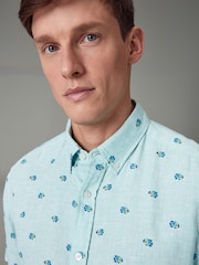 Green Linen Blend Printed Short Sleeve Shirt - Image 1 of 8