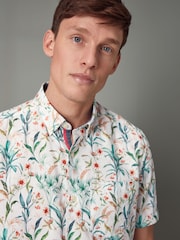White Linen Blend Floral Short Sleeve Shirt - Image 1 of 8