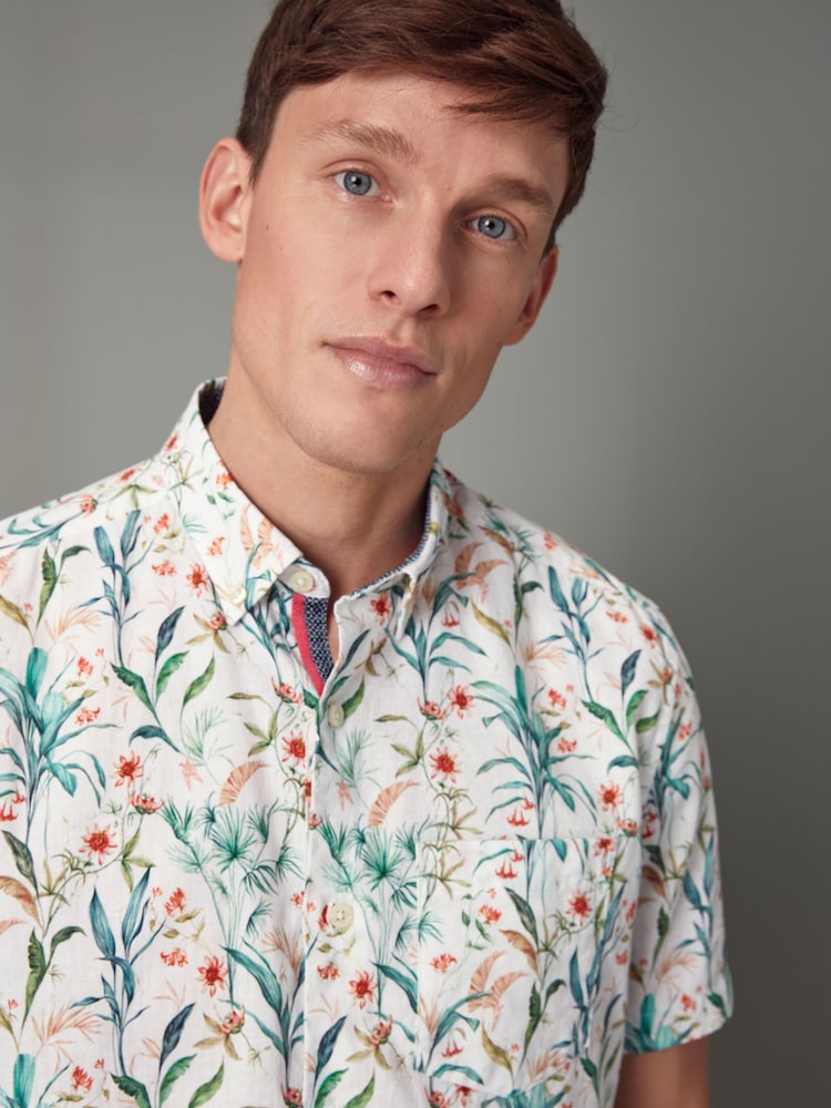White Linen Blend Floral Short Sleeve Shirt - Image 1 of 8