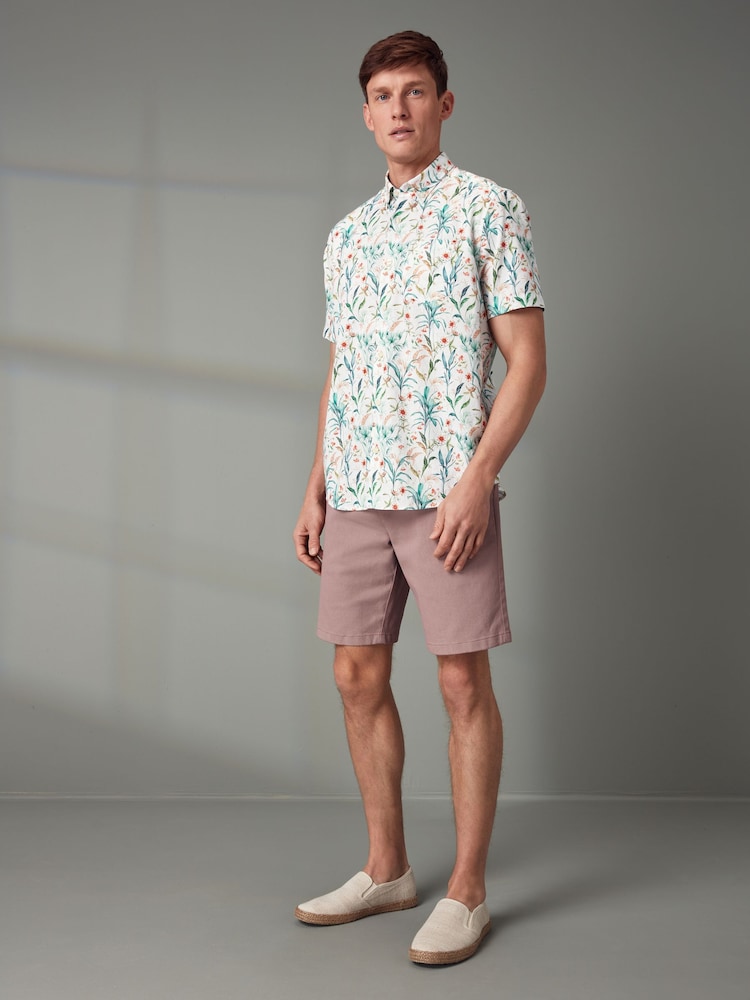 White Linen Blend Floral Short Sleeve Shirt - Image 2 of 8