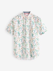 White Linen Blend Floral Short Sleeve Shirt - Image 6 of 8