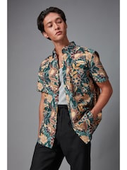 Dark Green Printed Floral Short Sleeve Shirt - Image 1 of 8