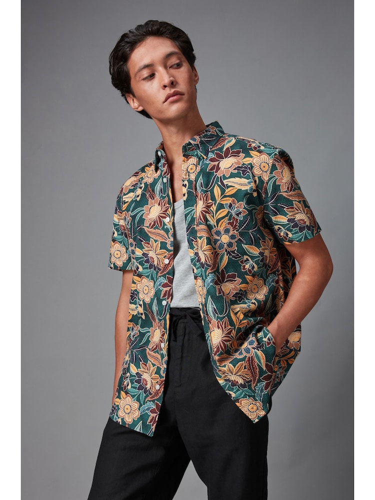 Dark Green Printed Floral Short Sleeve Shirt - Image 1 of 8