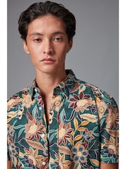 Dark Green Printed Floral Short Sleeve Shirt - Image 4 of 8
