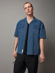 Blue 100% Cotton Short Sleeve Textured Denim Twin Pocket Shirt - Image 1 of 8