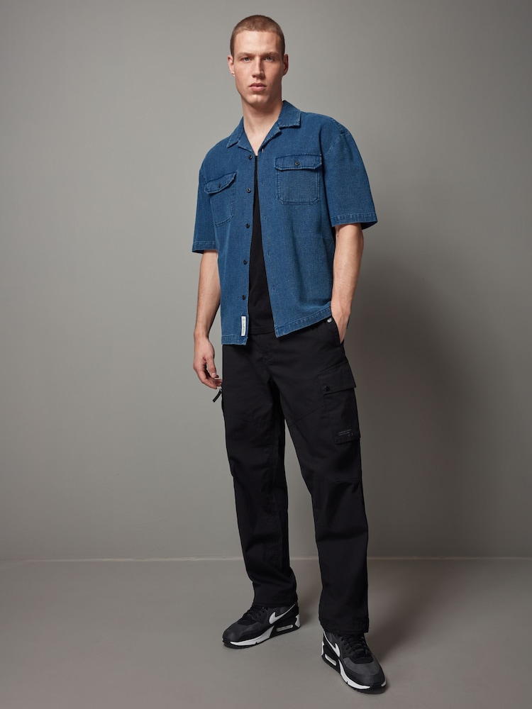 Blue 100% Cotton Short Sleeve Textured Denim Twin Pocket Shirt - Image 2 of 8