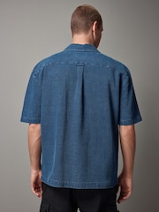 Blue 100% Cotton Short Sleeve Textured Denim Twin Pocket Shirt - Image 3 of 8