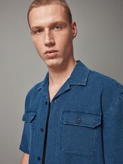 Blue 100% Cotton Short Sleeve Textured Denim Twin Pocket Shirt - Image 4 of 8