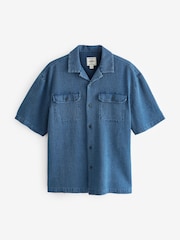 Blue 100% Cotton Short Sleeve Textured Denim Twin Pocket Shirt - Image 6 of 8