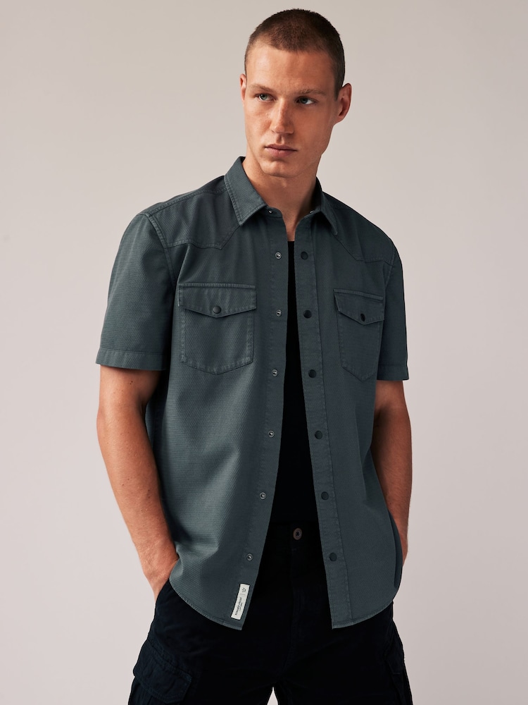 Grey 100% Cotton Textured Short Sleeve Western Shirt - Image 1 of 7