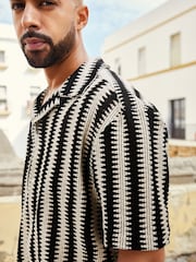 Black/Ecru Cream Stripe Crochet Short Sleeve Shirt - Image 1 of 7